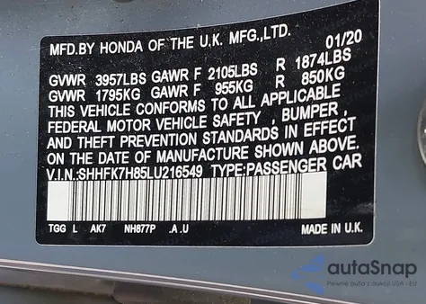 2020 Honda Civic Ex-L из США, поврежденный, VIN SHHFK7H85LU216549